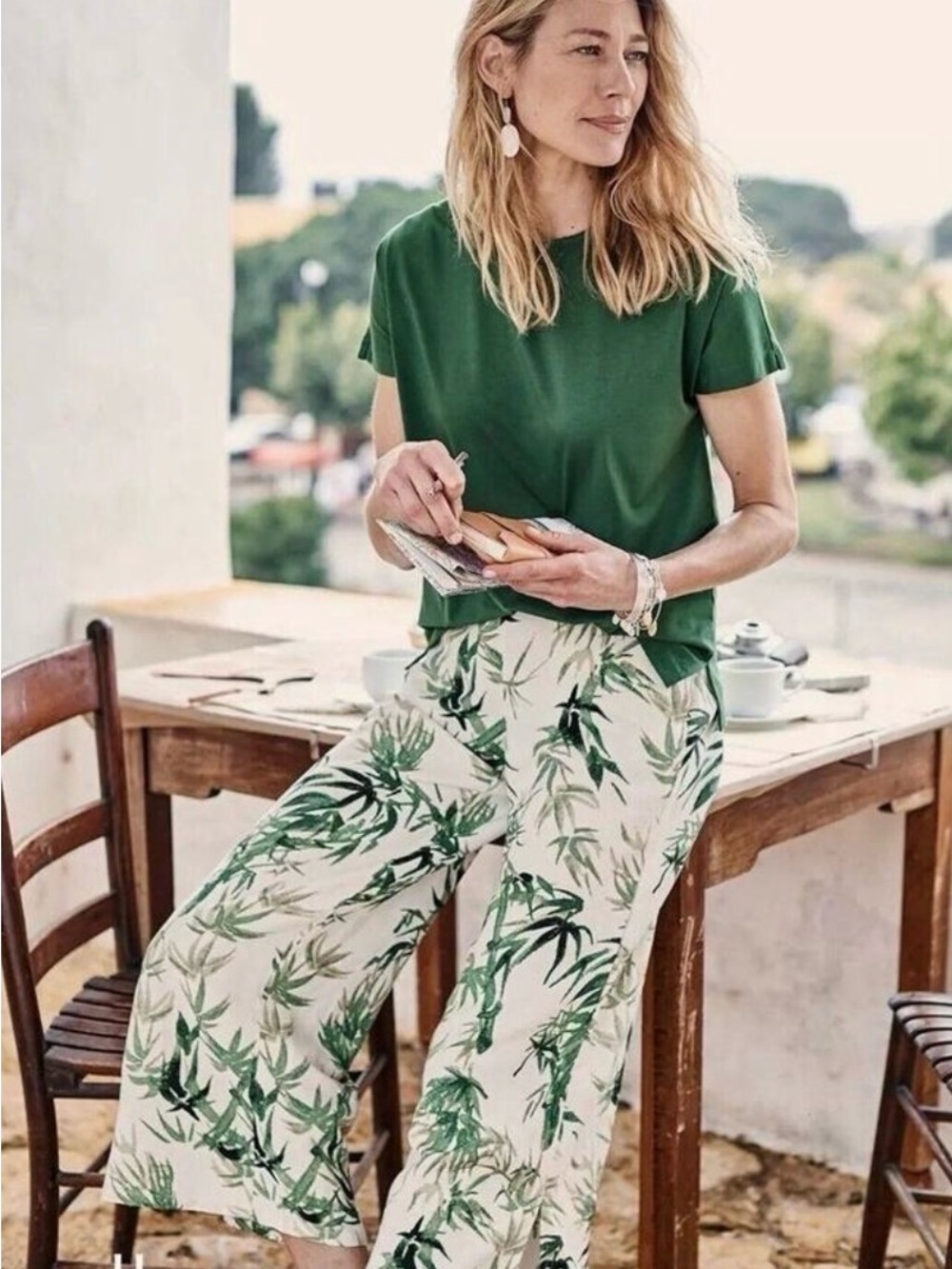 J. Jill Love Linen Bamboo Print Wide-Leg Pants, Medium Petite